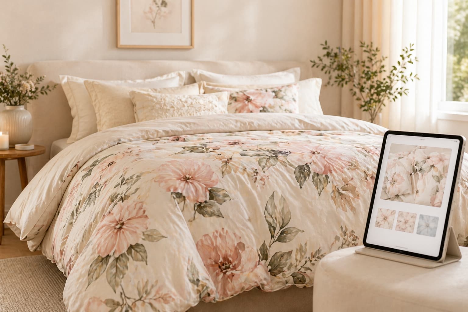 AI-custom floral duvet cover in a bright bedroom