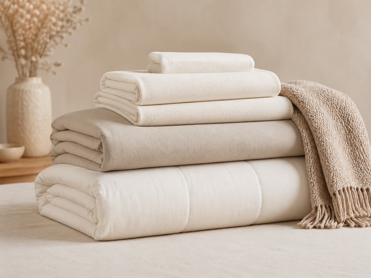 Folded CloudWeave bedding in soft neutral tones