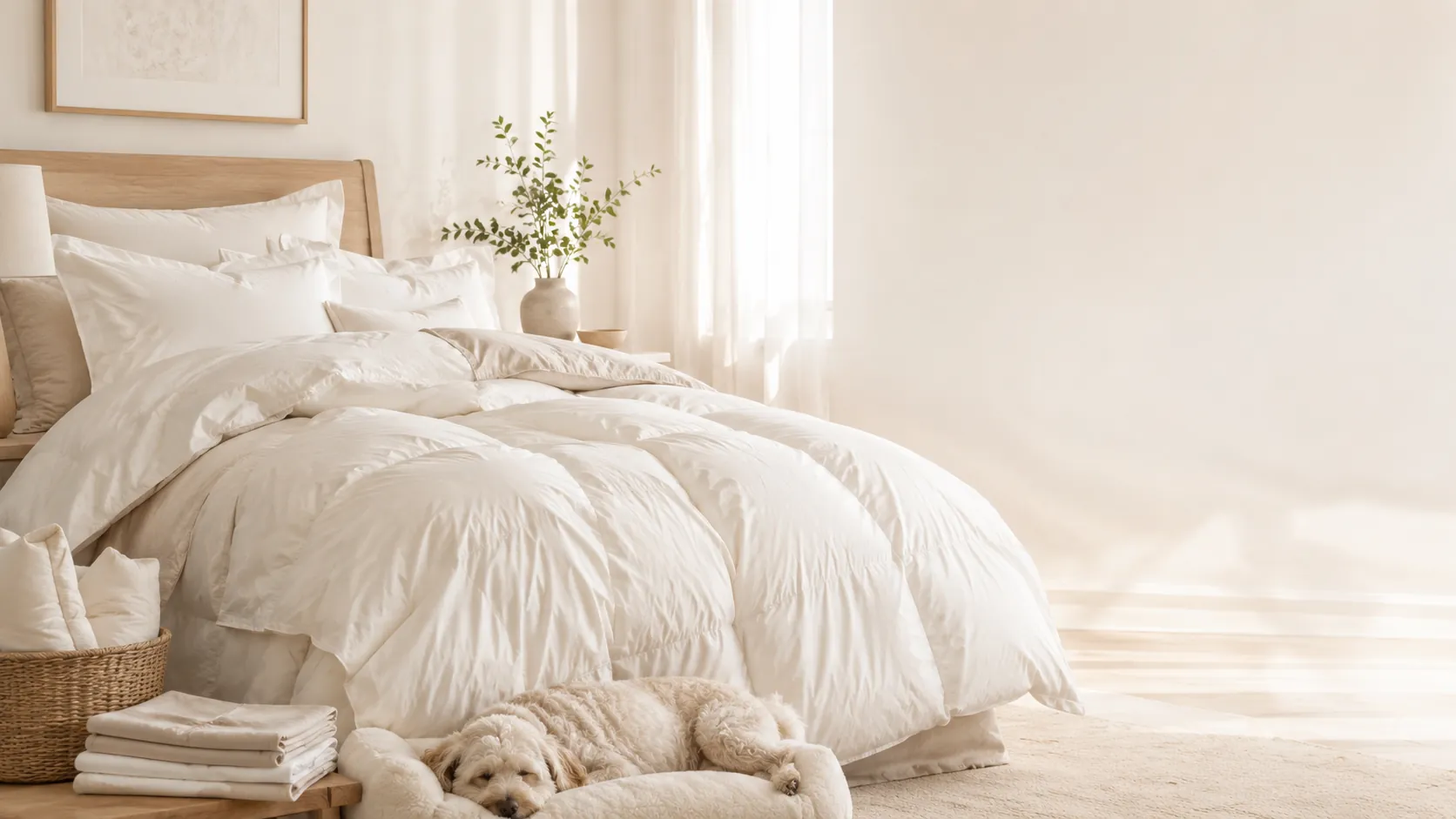 Bright bedroom with a white duvet and a small dog resting near the bed