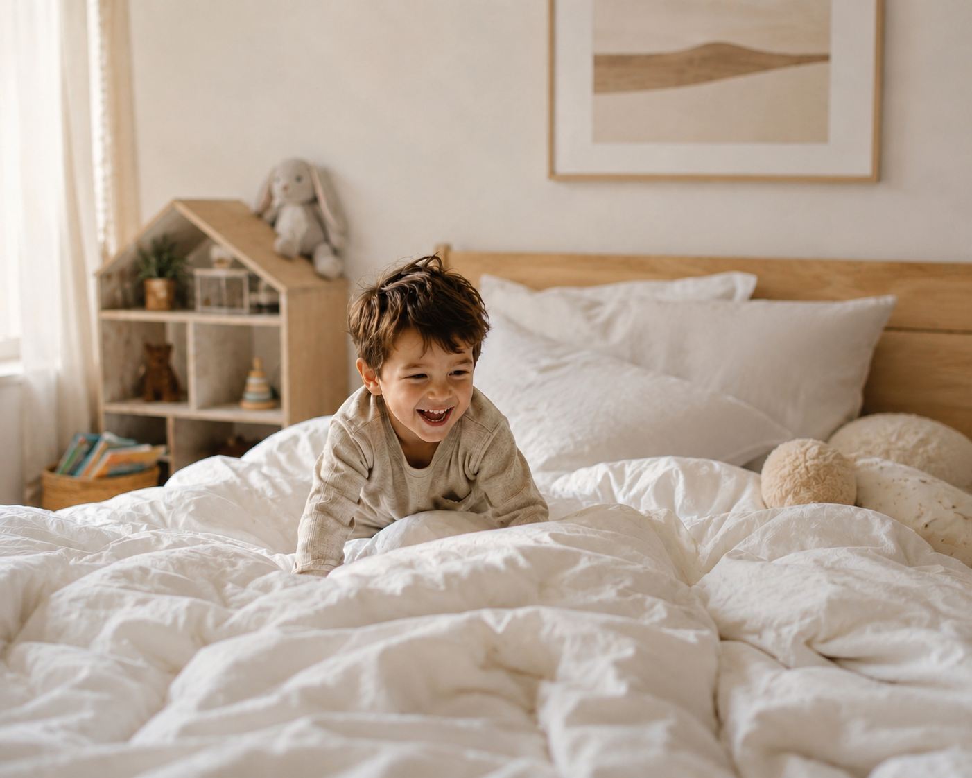 Woman enjoying a quiet morning in bed with a small dog